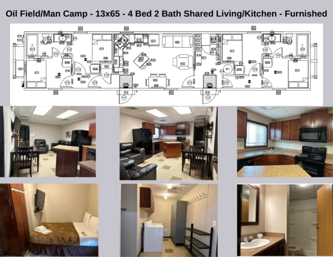 Haskell Texas housing floor plan and interior images of 4 bedroom 2 bath with full kitchen camp house with common area