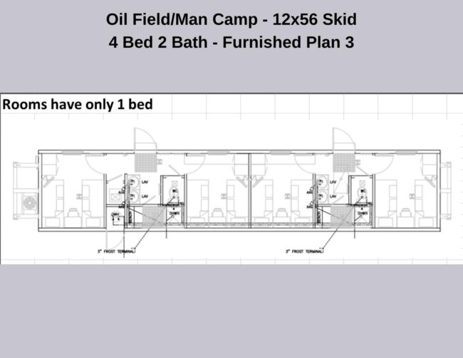 floor plan of skid shack Oilfield Man Camp Housing 12x56 Unit - 4 Bed 2 Bath Shared Living Kitchen - Fully Furnished