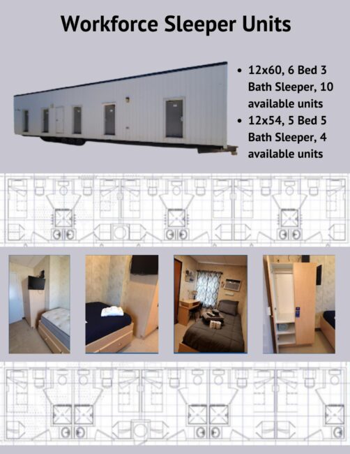 Image of a workforce sleeper unit with 5 doors in front, also shows floor pan and interior images of bedrooms Oilfield ManCamp Homes -Crew quarters for sale
